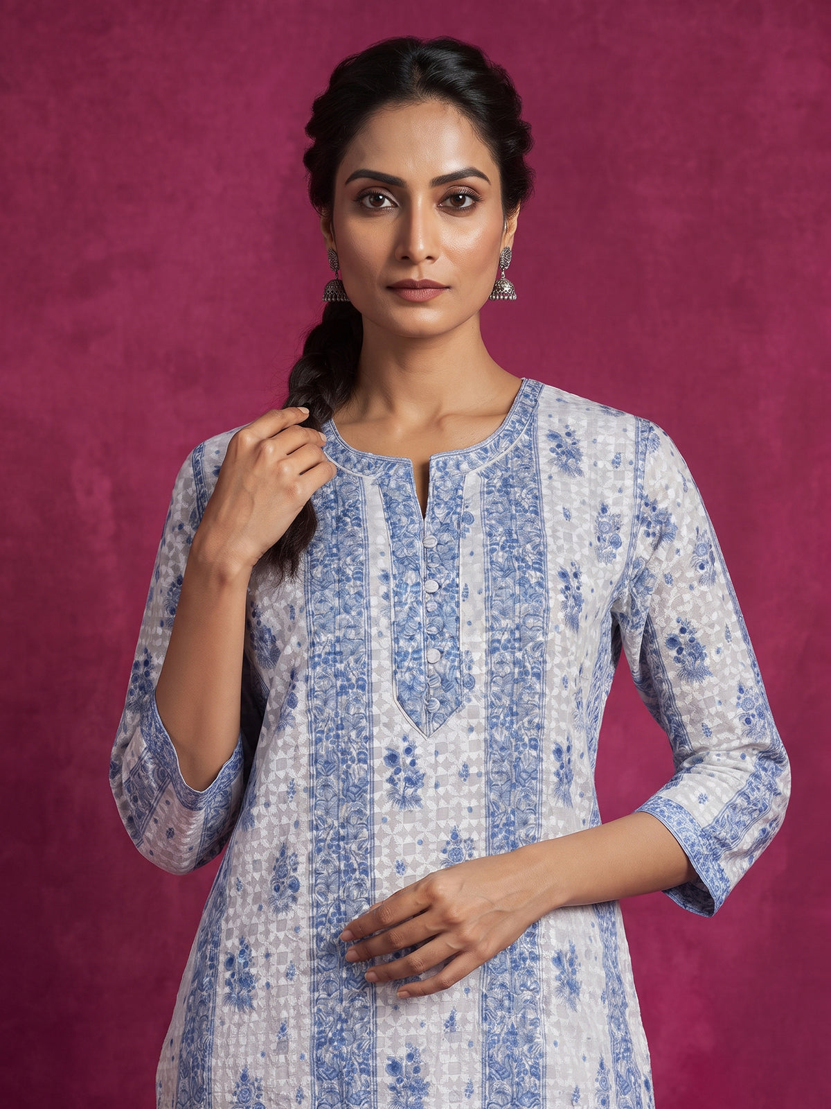 Blue chikan printed kurti with comfortable quarter sleeves for women