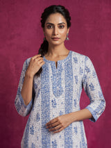 Blue chikan printed kurti with comfortable quarter sleeves for women