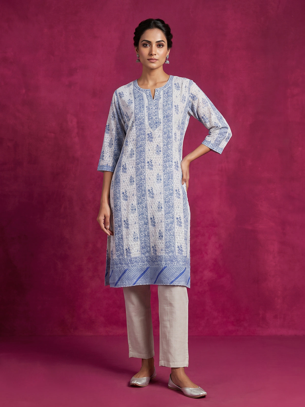 Blue chikan printed kurti with comfortable quarter sleeves for women