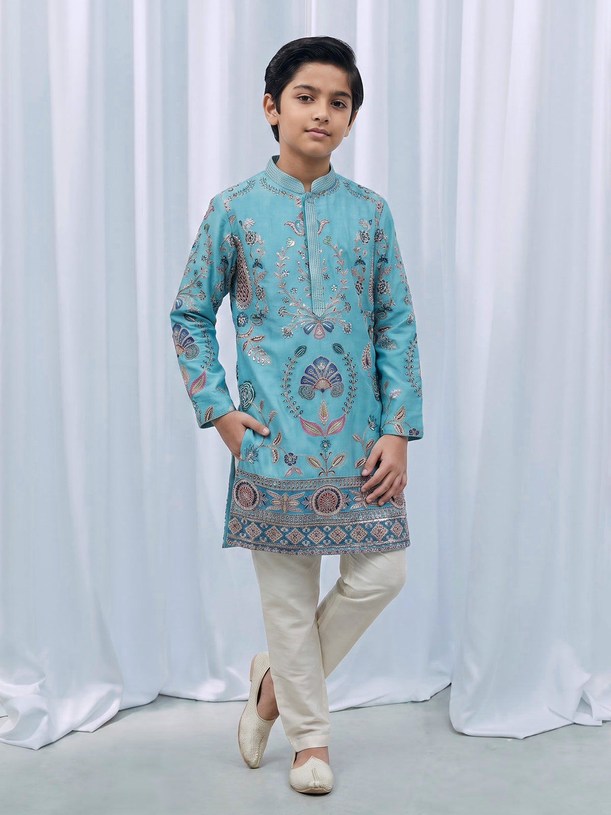Aqua blue georgette printed kurta suit with embroidery for boys