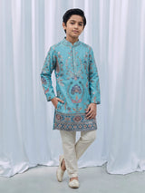 Aqua blue georgette printed kurta suit with embroidery for boys