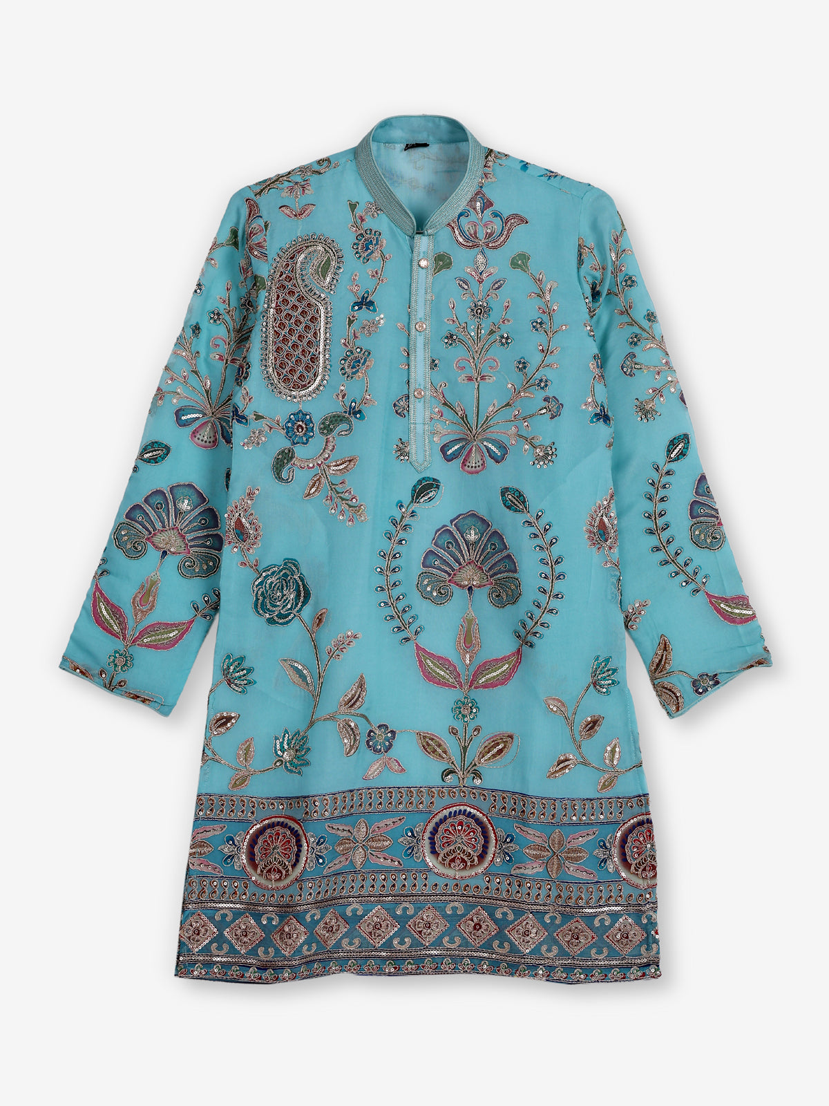 Aqua blue georgette printed kurta suit with embroidery for boys