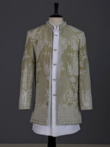 Blush pink boys silk blend indowestern suit with embroidered jacket