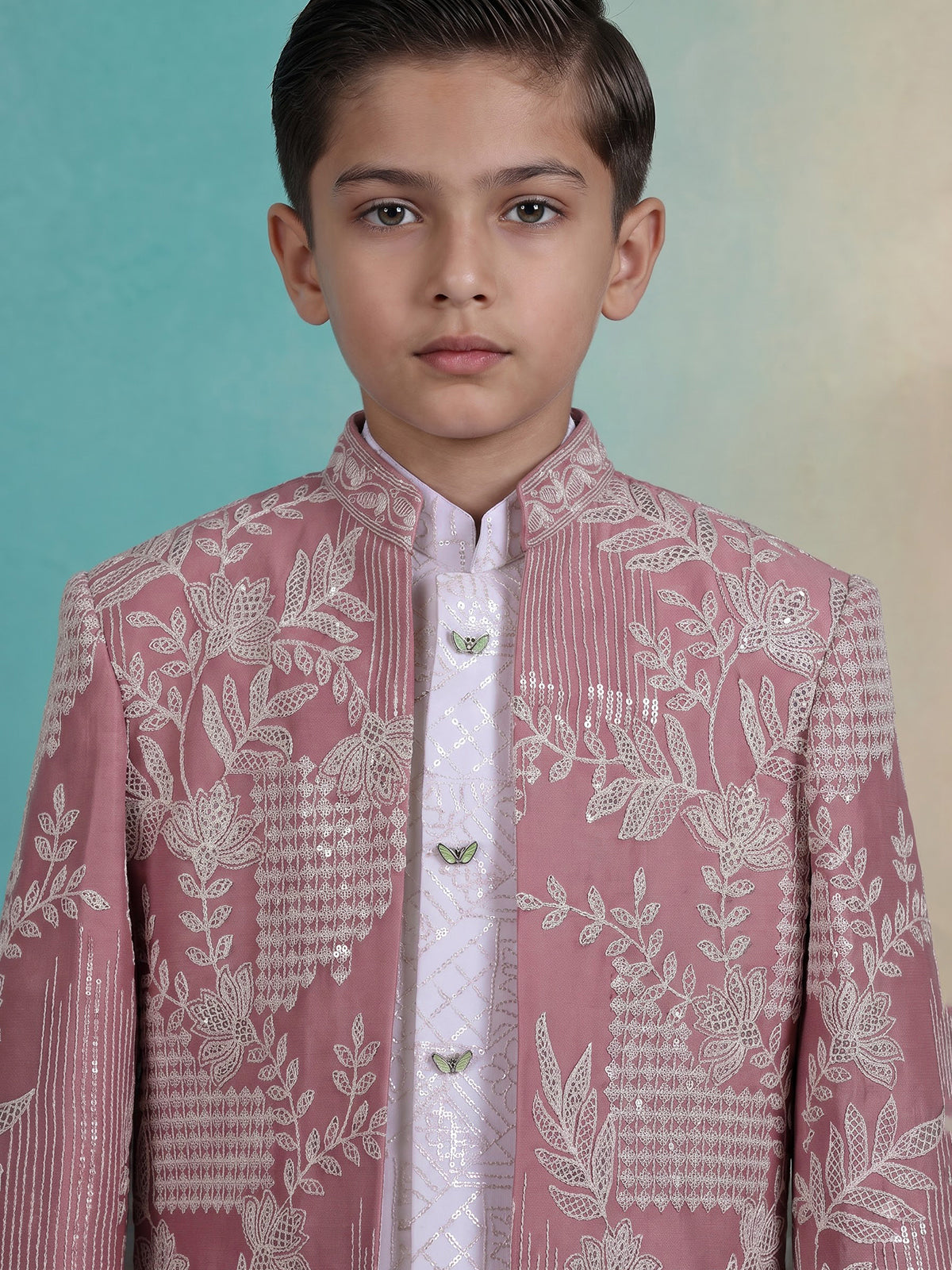 Blush pink boys indowestern suit with embroidered jacket