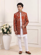 Rust orange boys indowestern suit with sequin jacket