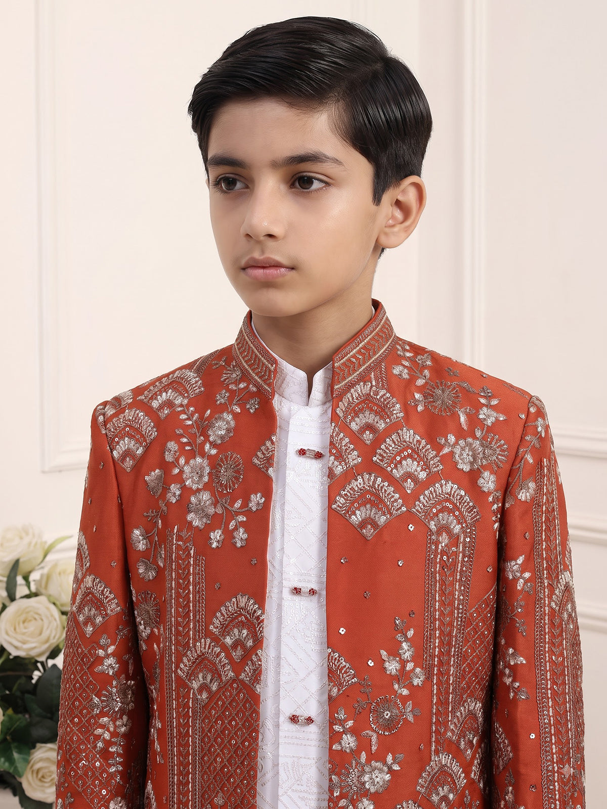 Rust orange boys indowestern suit with sequin jacket