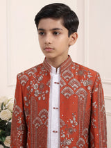 Rust orange boys indowestern suit with sequin jacket