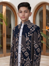 Dark navy blue boys indowestern suit with embellished jacket