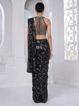 Black net ready to wear saree with diamond cutdana embellishments