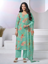 Sea green floral printed cotton silk festive salwar suit