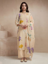 Beige printed linen silk festive salwar suit with dupatta