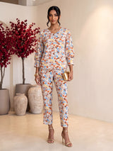 Brown rayon cotton floral pant co ord set with V neck styling