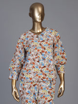 Brown rayon cotton floral pant co ord set with V neck styling