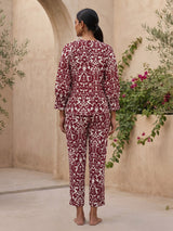 Maroon rayon cotton printed pant co ord set with V neck