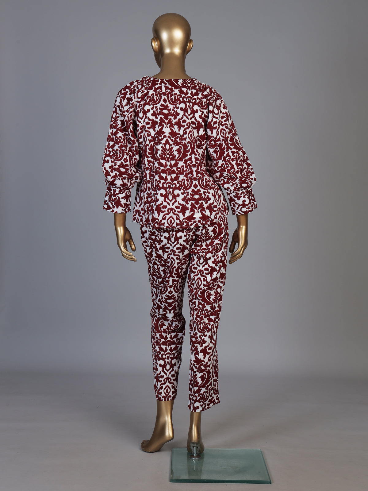 Maroon rayon cotton printed pant co ord set with V neck