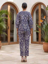 Blue rayon cotton printed pant co ord set with V neck