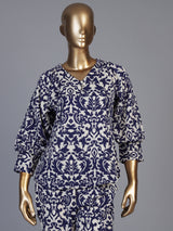 Blue rayon cotton printed pant co ord set with V neck
