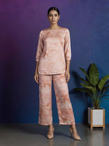Peach satin floral printed palazzo co ord set for women