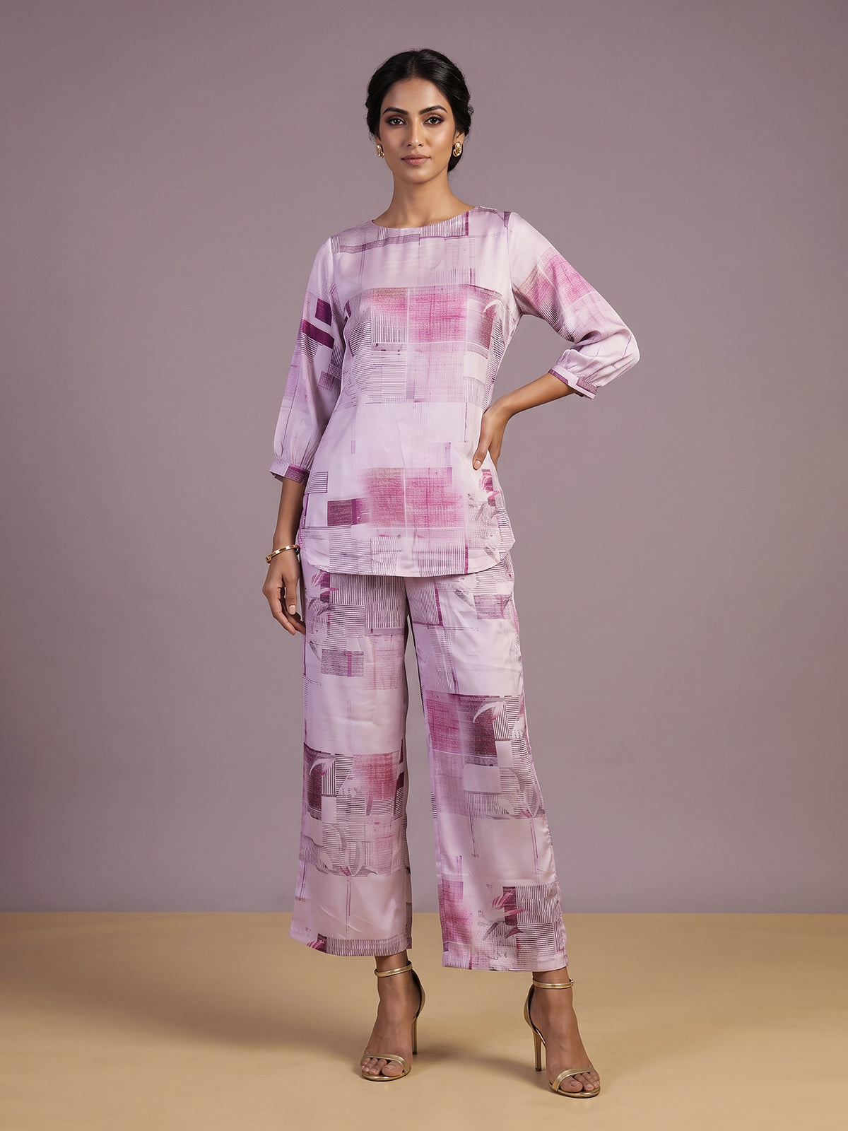 Purple satin printed palazzo co ord set with quarter sleeves