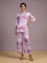 Purple satin printed palazzo co ord set with quarter sleeves