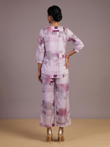 Purple satin printed palazzo co ord set with quarter sleeves