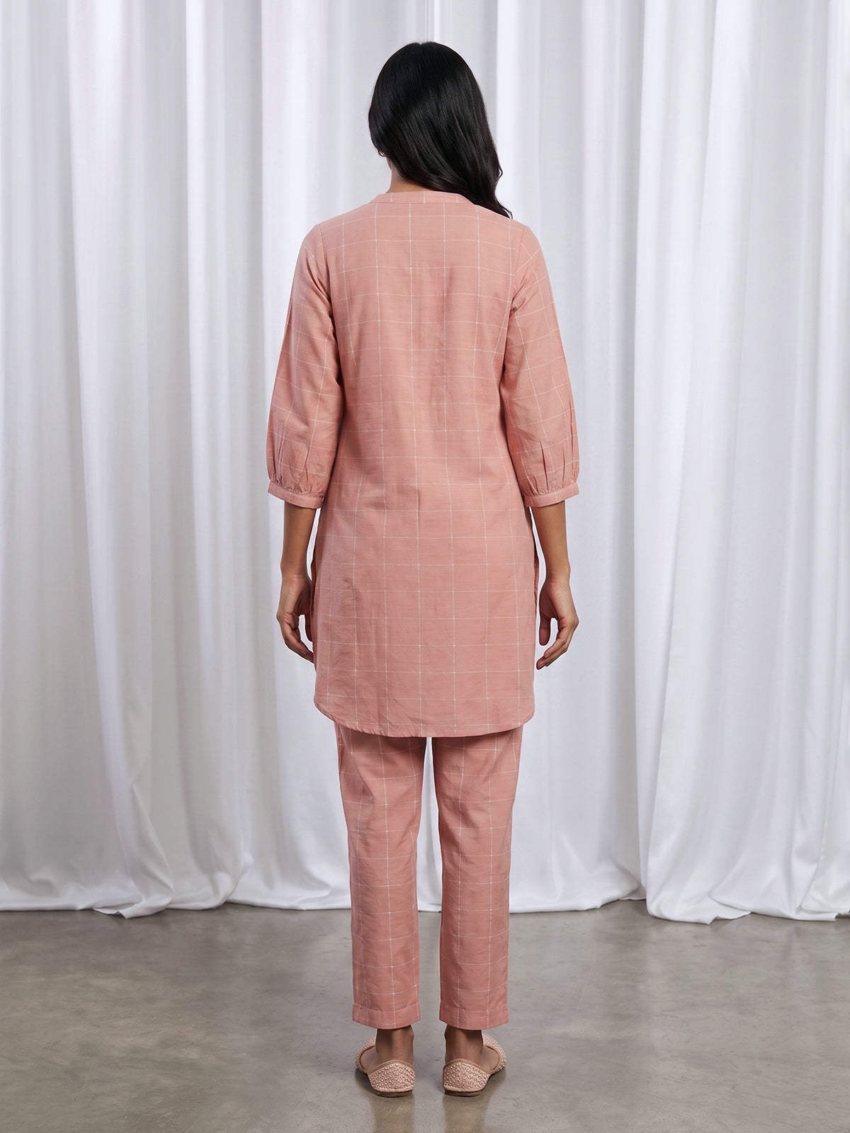 Peach silk checked stand collar co ord set with pants
