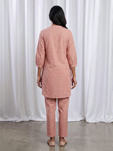 Peach silk checked stand collar co ord set with pants
