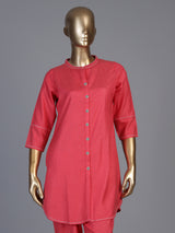 Pink linen solid stand collar pant co ord set for women