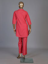 Pink linen solid stand collar pant co ord set for women