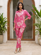 Pink floral printed crepe silk pant co ord set for women