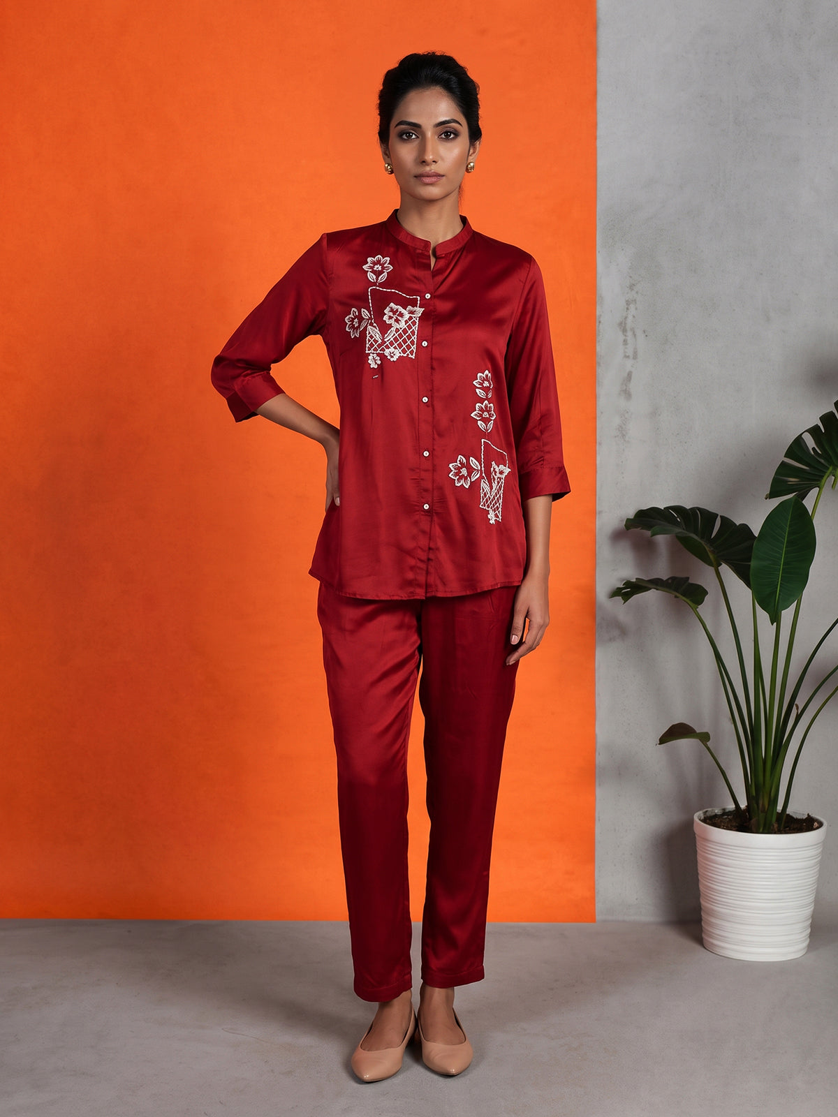 Red crepe silk stand collar co ord set with thread work