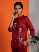 Red crepe silk stand collar co ord set with thread work
