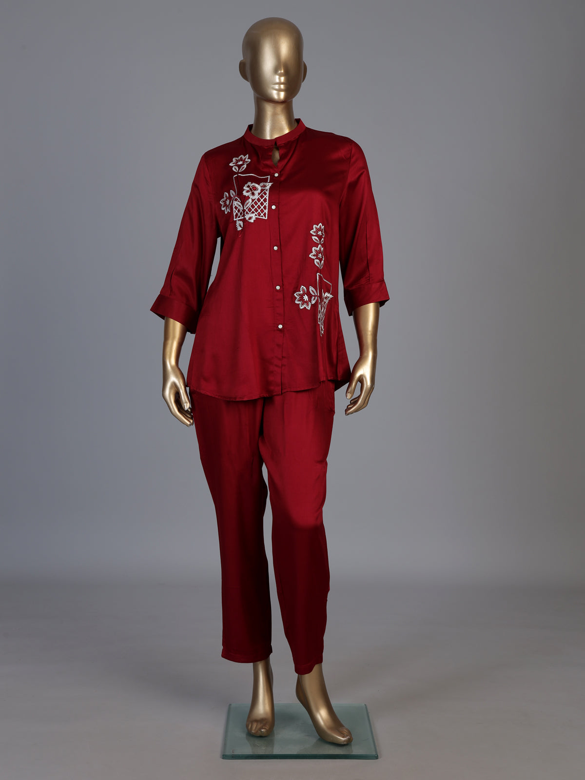 Red crepe silk stand collar co ord set with thread work
