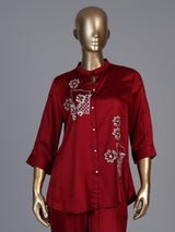 Red crepe silk stand collar co ord set with thread work