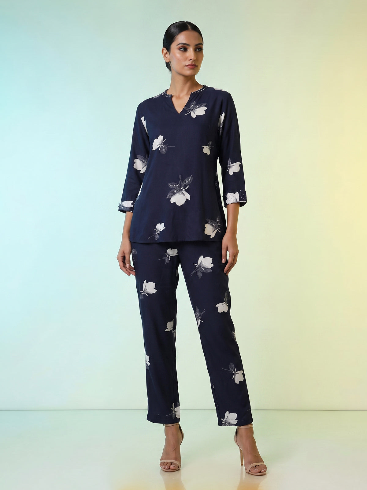 Navy blue floral printed rayon cotton co ord set with stone work