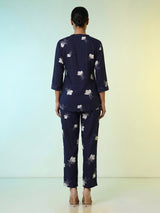 Navy blue floral printed rayon cotton co ord set with stone work