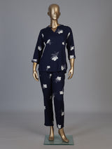 Navy blue floral printed rayon cotton co ord set with stone work