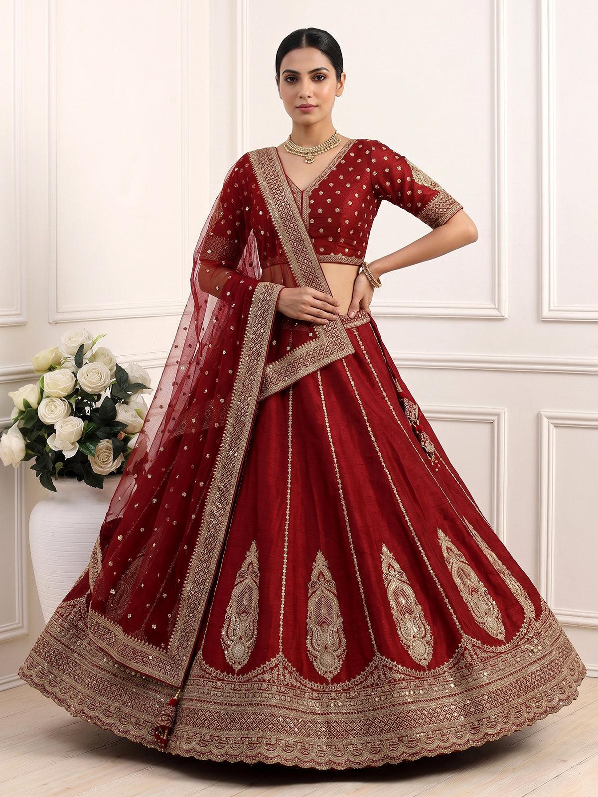 Maroon raw silk unstitched bridal lehenga choli with double dupattas