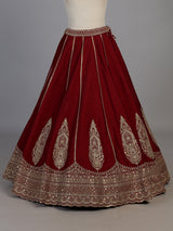 Maroon raw silk unstitched bridal lehenga choli with double dupattas