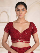 Maroon net designer lehenga choli with stone work tassel detailing