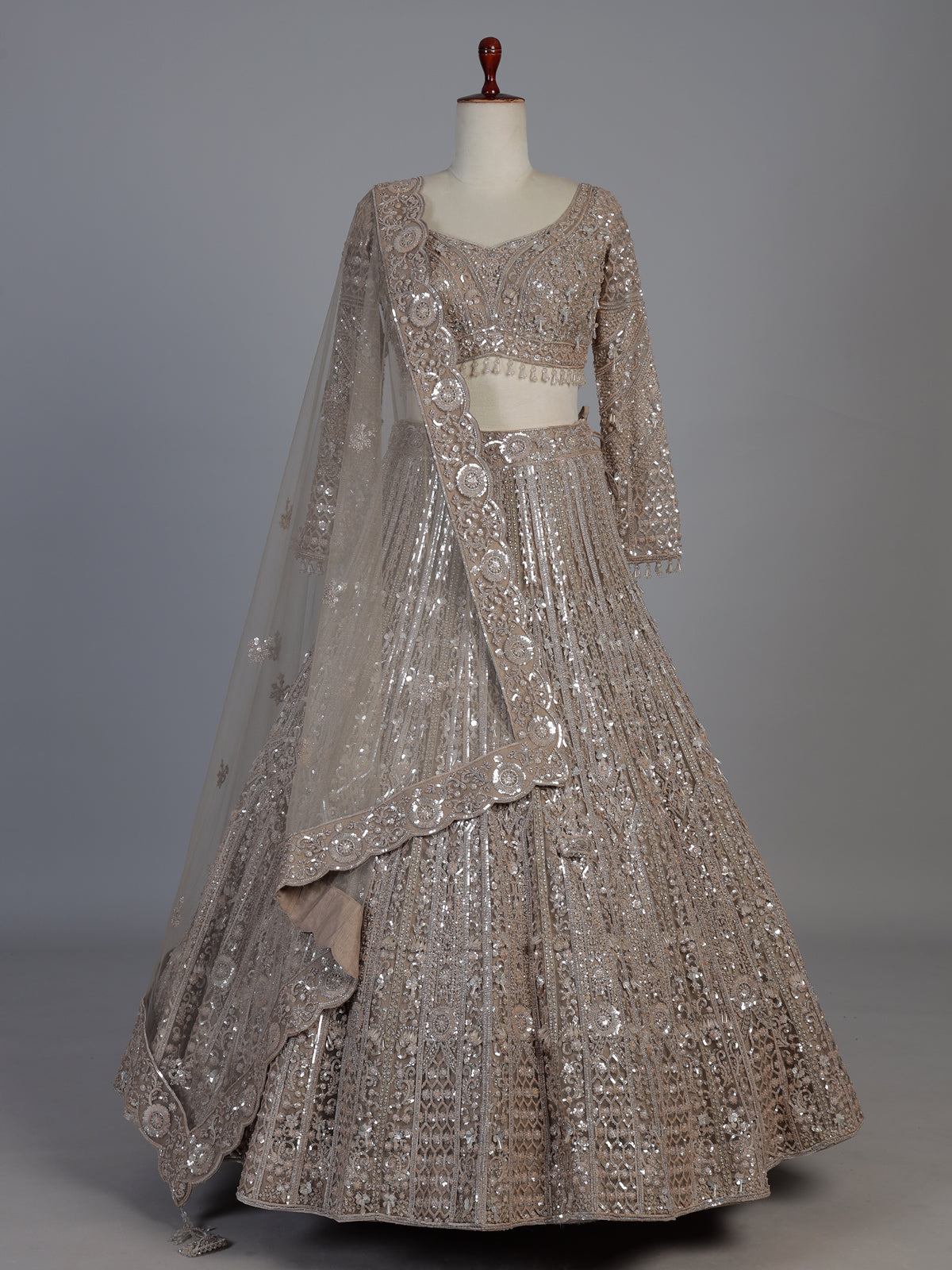 Beige net designer lehenga choli with diamond work embellishments