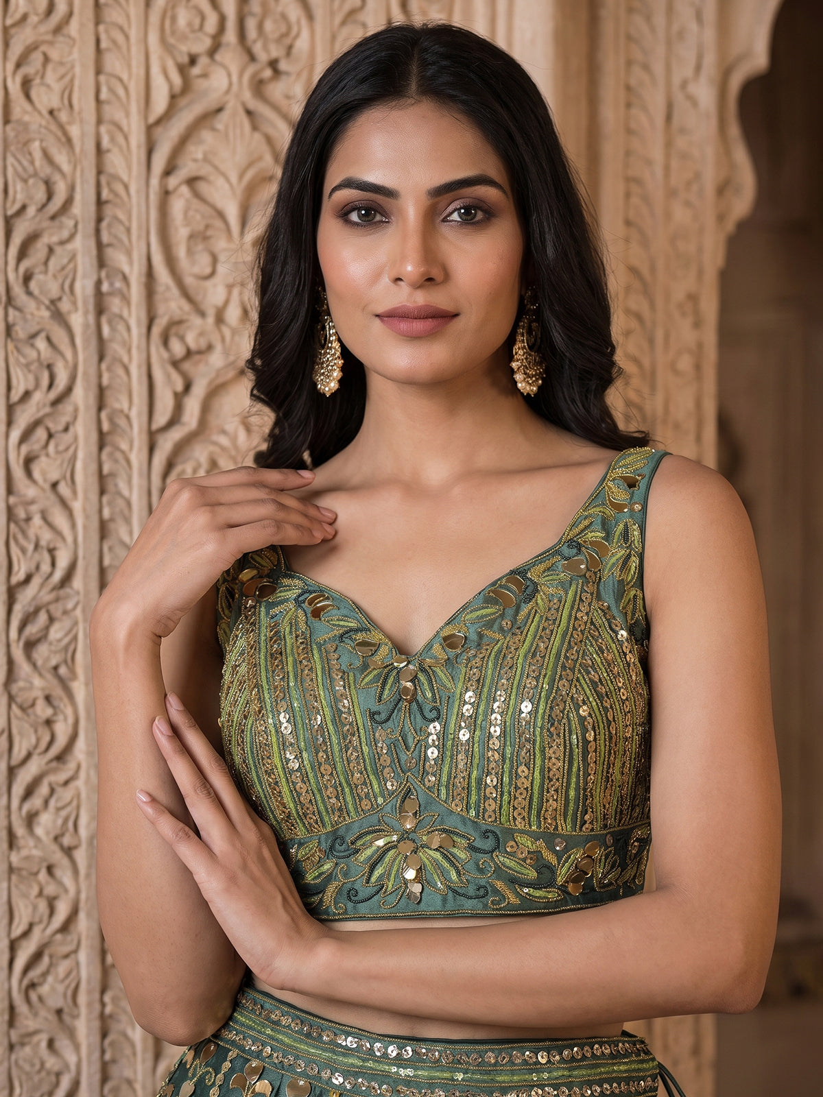 Green silk lehenga choli with mirror patchwork and contrast dupatta