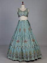 Light blue silk lehenga choli with pearls mirrors and zardosi work