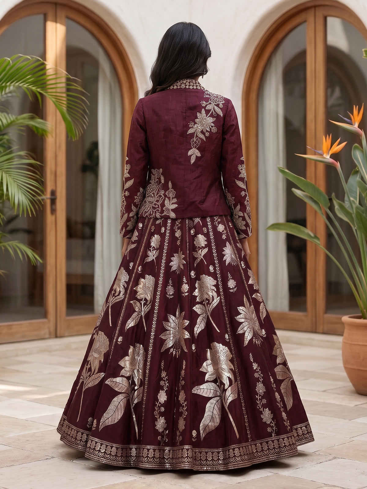 Maroon silk jacket style lehenga choli with zari mirror embellishments