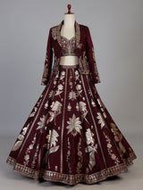 Maroon silk jacket style lehenga choli with zari mirror embellishments