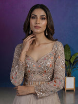 Beige silk designer lehenga choli with bird motif