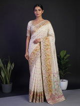 Cream patola silk saree with peacock motif contrast border and pallu