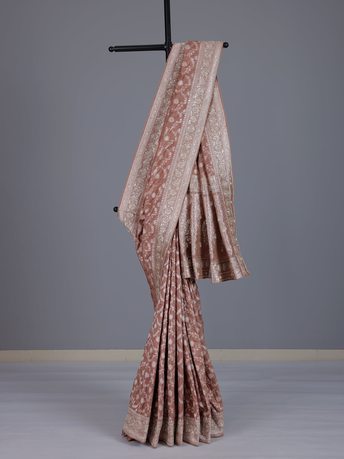 Peach banarasi silk saree with floral zardosi and zari