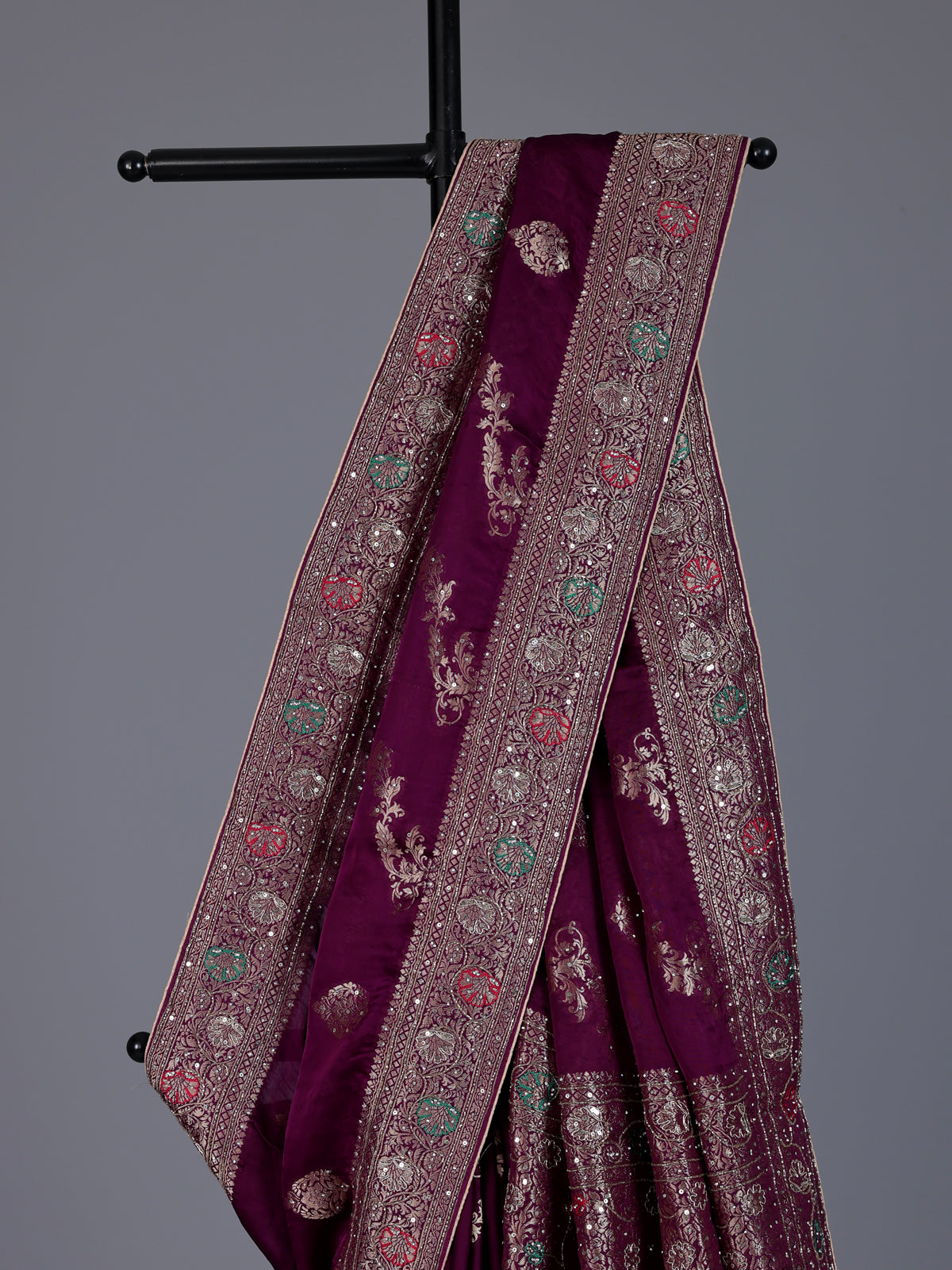 Purple dola silk saree with zardosi and zari work