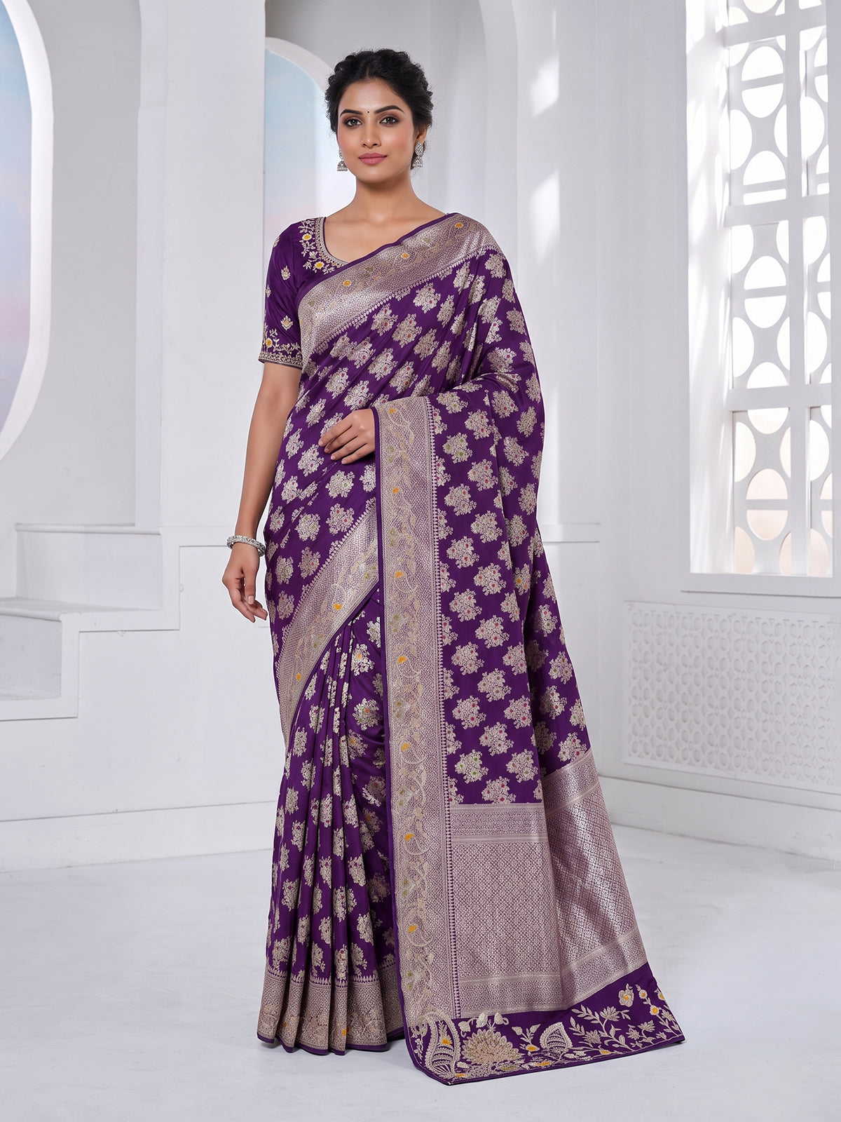 Purple banarasi silk saree with floral zardosi and zari work